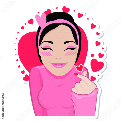 Love  Cartoon friendly brunette woman smiles and squints with love  smiling girl flirts and a lot of hearts.