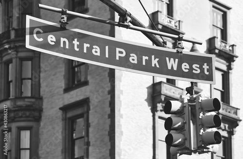 Black and white picture of Central Park West street sign, selective focus, New York City, USA. © MaciejBledowski