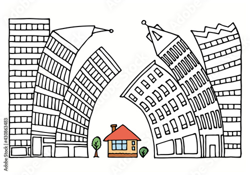 A small colored house stands between large skyscrapers that hang over the house.