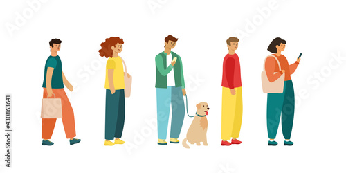 Full length of cartoon people standing in line. flat vector illustration, side view