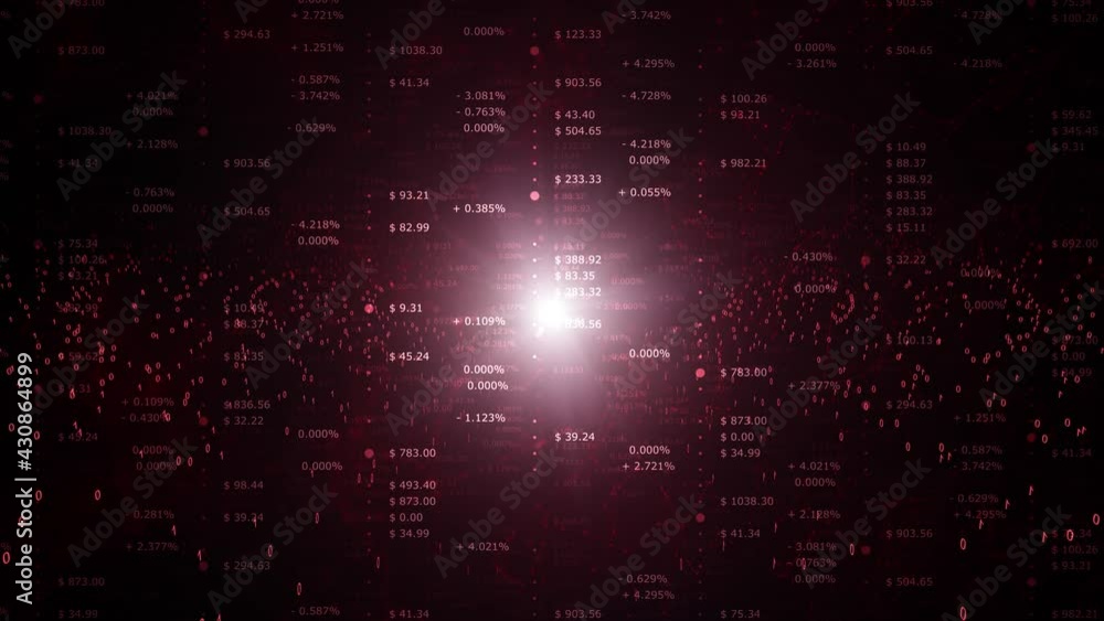 Negative economy data index numbers. Red business background with numbers in dollars and percentile with shining red light.