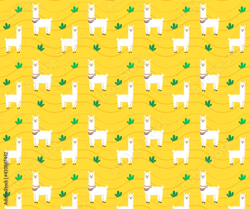 Yellow bright pattern with alpacas on sandy background