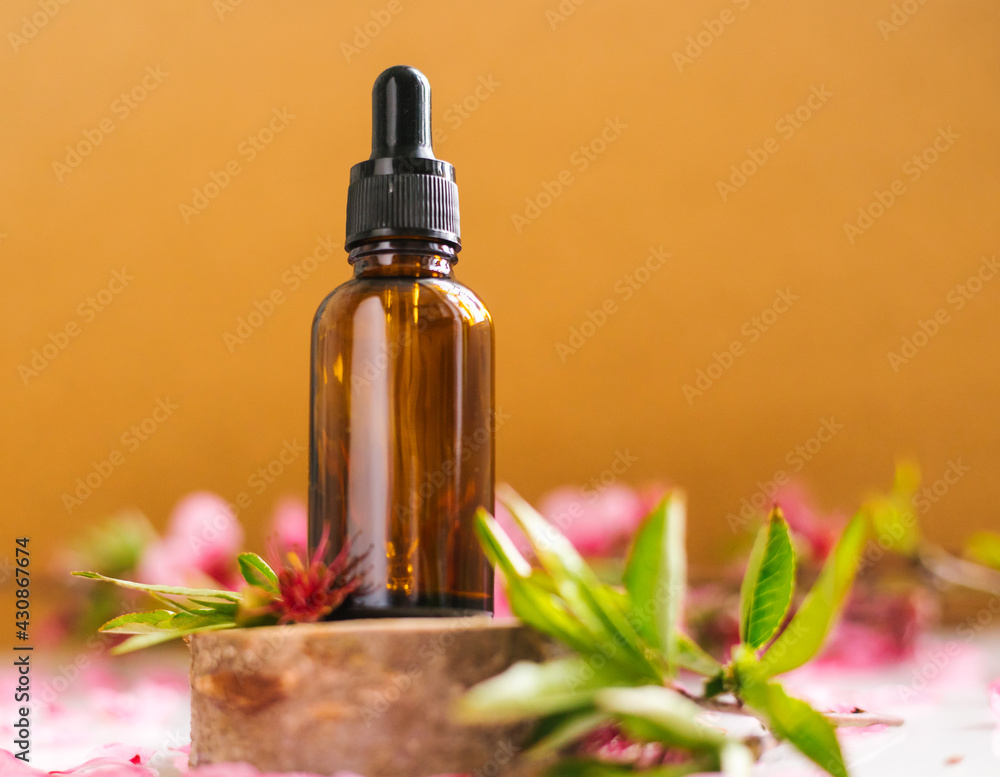Cosmetic oil in a container with an eyedropper stands on a podium made of a cut tree. Cosmetic oil in a container with an eyedropper stands on a podium made of a cut tree.
