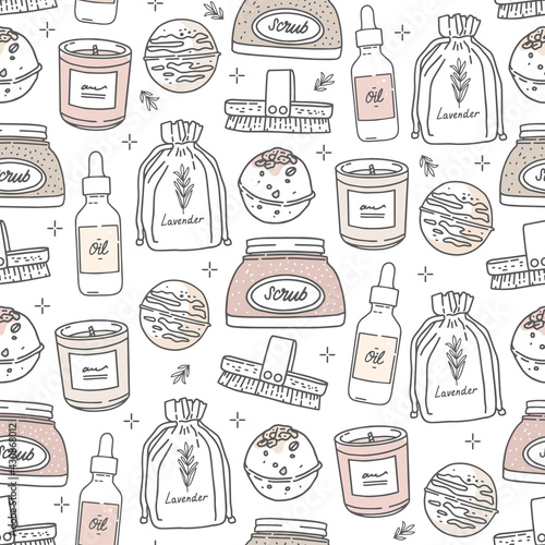Vector seamless pattern in sketch style. Skincare cosmetics, spa rituals. Scrub, bath bomb, aroma candle, essential oil, massage brush, and lavender bag. Elegant outline drawing. Print design, fashion