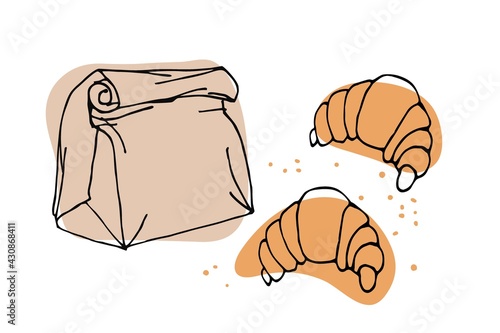 Paper bag with croissants sketch on white background. Sweet baked dessert pastrie. Dessert Bakery In Hand Drawn Vector Style for menu, cafe, restaurant, poster, banner, emblem, sticker, placard.