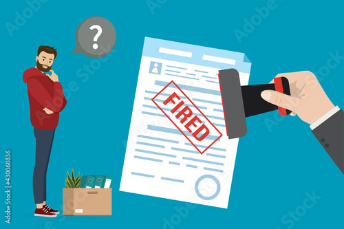 Big hand holds seal and puts stamp on contract - fired. Unhappy unemployed worker, box with office things. Dismissal caucasian employee, staff reduction.