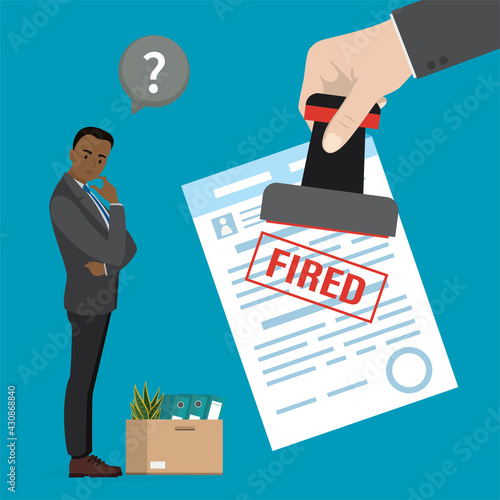 Big hand holds seal and puts stamp on contract - fired. Unhappy unemployed worker, box with office things. Dismissal african american employee, staff reduction