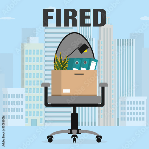 Business Chair, Box with Office things and plant. Fired from job. Dismissal, staff reduction. Optimizing costs during the economic crisis.