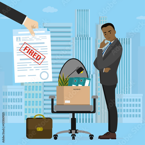 Business Chair, box with office things. Fired male employee. Dismissal, staff reduction. African american jobless. Discrimination, inequality.