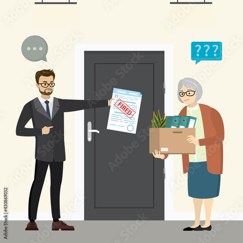 Male boss fires an elderly female worker. Problem of staff reduction. Dismissal of older employees.