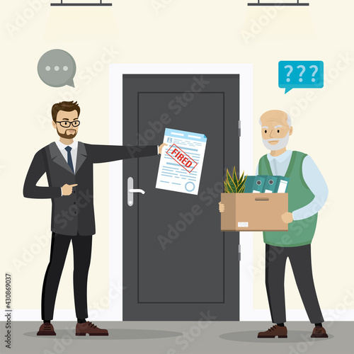 Male boss fires an elderly worker man. Problem of staff reduction. Dismissal of older employees. Unemployed caucasian grandfather.