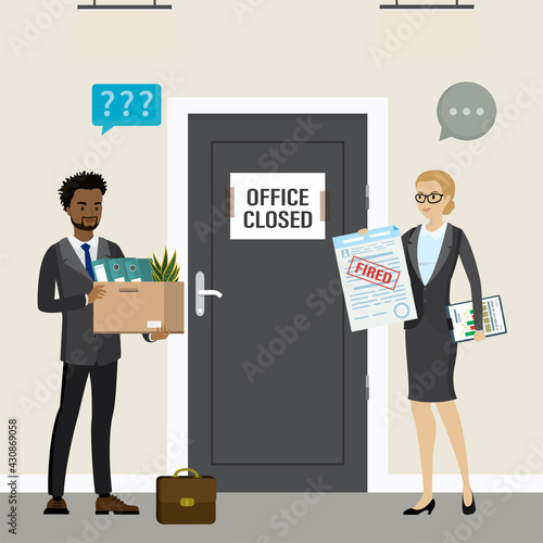 Staff reduction, company bankruptcy. Closed office door, two dismissed multiethnic employees in hall. Sad fired business persons.
