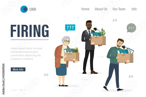 Firing, landing page template. Staff reduction, company bankruptcy. Various dismissed multiethnic employees with boxes. Sad fired business persons.