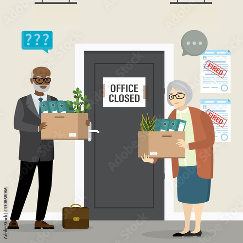 Fired aged people. Problem of staff reduction. Dismissal of elderly employees. Business people near closed door to office room.