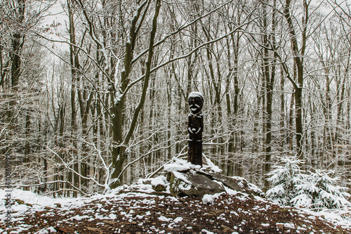 Obraz na płótnie Carved wooden statue covered with snow standing on small hill in winter forest. Wooden sculpture of old Celt.Vacation outdoors harmony with winter nature landscape. Faith motivation background. w salonie