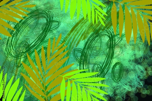 Scribble Free form Abstract artwork with Tropical leaves and textures, for background, 
art, posters, surface design. one of a kind original decorative plants and line work. photo