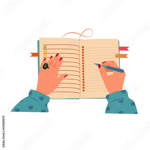 Woman's hands writing plan in notebook, diary or journal vector  illustration. Female writing thoughts or love letter, to do list, personal plans, goals. Self love practice, mental health habits.