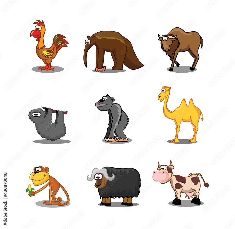 Fototapeta premium Collection of hipster cartoon character animals rooster, anteater, sloth, camel, monkey, bison, cow