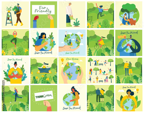 Set of eco save environment pictures. People taking care of planet collage. Zero waste, think green, save the planet, our home hand written text