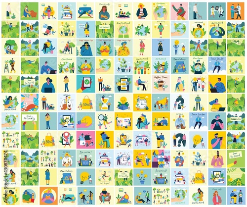 Vector illustration of Connection, Team leader, Online review, Time mamagement, Coworking space, Save the planet, Start up, Team work
