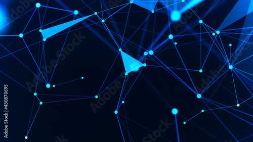 Abstract background with interweaving of colored lines and dots. Network connection structure. Data exchange. Digital technology. 3D rendering.