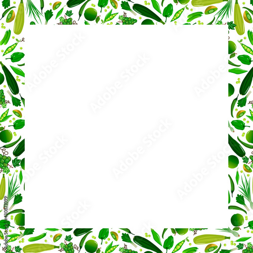 Card with a frame of green vegetables and fruits. Colorful square border with a pattern of pepper, zucchini and cabbage, onions and green peas and other fresh food. For use in menus, napkins, records
