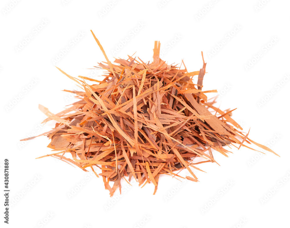 Fototapeta premium Lapacho herbal tea, isolated on white background. Natural Taheeboo dry tea. Pau d'arco herb. Tabebuia heptophylla.