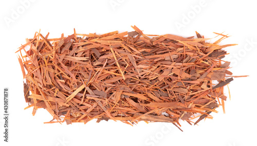 Lapacho herbal tea, isolated on white background. Natural Taheeboo dry tea. Pau d'arco herb. Tabebuia heptophylla. Top view. photo