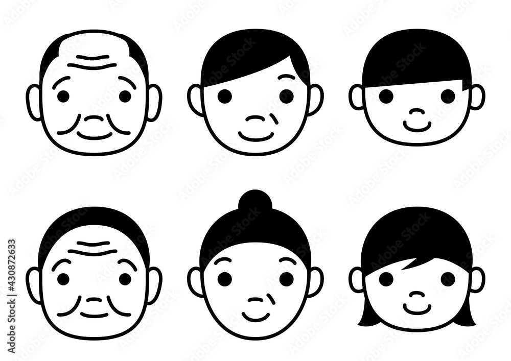 白黒の線で描いた家族の顔だけのイラスト。子供、両親、祖父母。 白黒の線で描いた家族の顔だけのイラスト。子供、両親、祖父母。