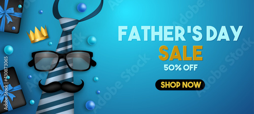 Happy Father's Day, Sale Creative promotion Poster or banner shopping template Design with 50% Off Offers. 
