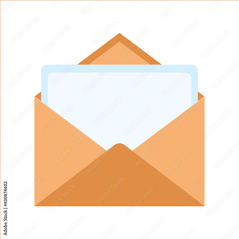Blank template of open beige envelope with empty sheet. Vector template for letter or invitation card. Symbol of postal message, post mail, email, business document. Icon Blank template of open beige envelope with empty sheet. Vector template for letter or invitation card. Symbol of postal message, post mail, email, business document. Icon