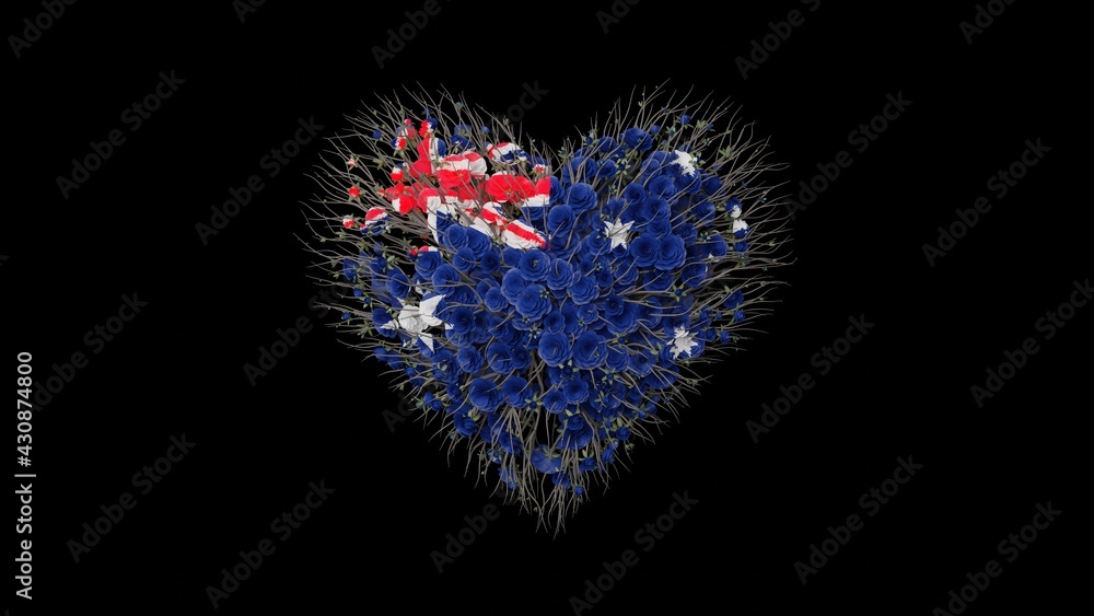 Australia National Day. Heart shape made out of flowers on black background. 3D rendering.