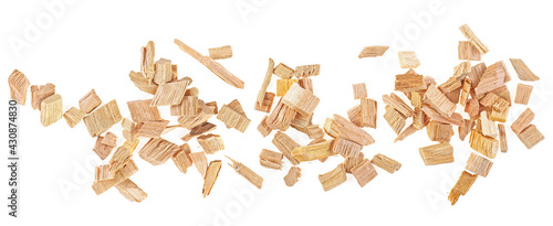 Wooden smoking chips for smoking isolated on a white background  top view. Apple tree.