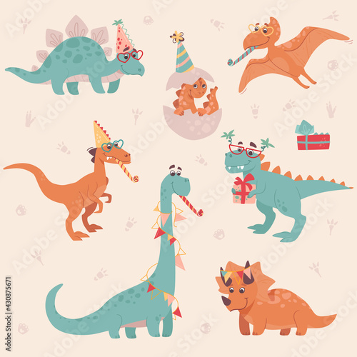 Dinosaur birthday party. Stegosaurus, Triceratops, Brachiosaurus, Brontosaurus, Velociraptor, Pteranodon, Tyrannosaurus Rex, Egg. Dinosaurs are smiling, celebration and fun. Festive Vector set