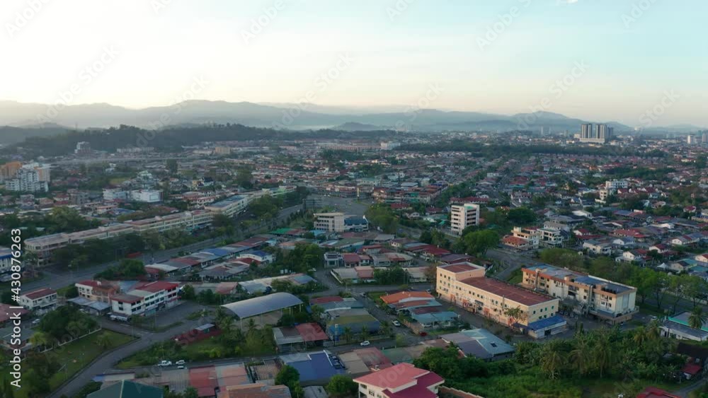 Aerial view of Silence city less car on road in Kota Kinabalu, Sabah, Malaysia during lockdown because of Coronavirus pandemic. Empty roads, no traffic. 4K Aerial view of Silence city less car on road in Kota Kinabalu, Sabah, Malaysia during lockdown because of Coronavirus pandemic. Empty roads, no traffic. 4K
