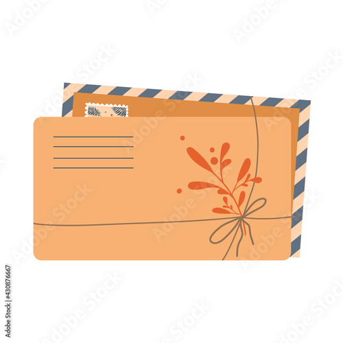 Several envelopes decorated with a branch with leaves. Symbol of postal message, post mail, email, business document. Icon