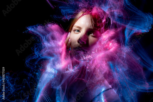 lightpainting portrait, new art direction, long exposure photo without photoshop, light drawing at long exposure 