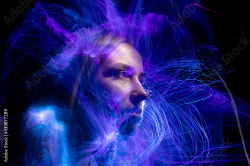 lightpainting portrait, new art direction, long exposure photo without photoshop, light drawing at long exposure 