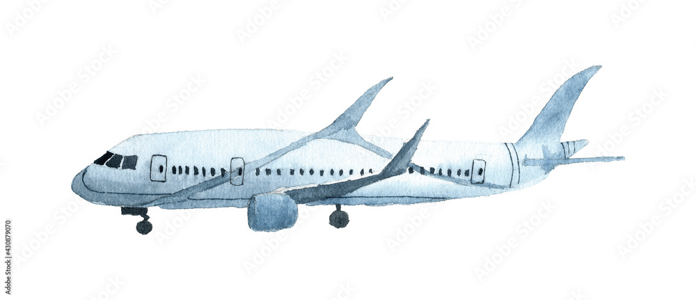 Passenger Airplane on white background. Watercolor hand drawn Illustration for Icon or Postcard. Isolated drawing of Plane