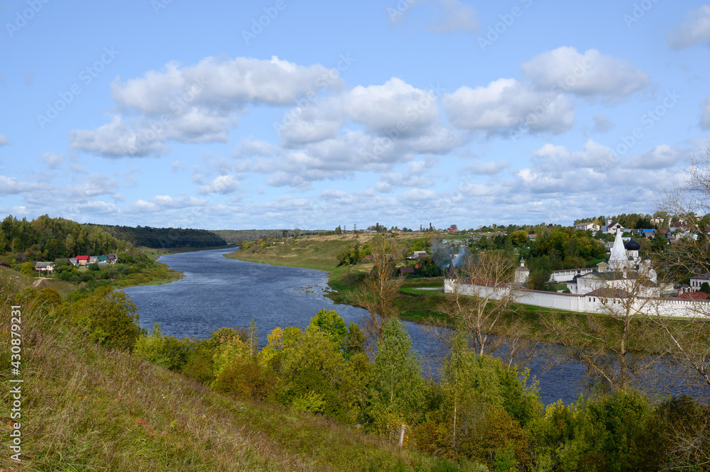 View of the Volga River and the Staritsky Holy Dormition Monastery, Staritsa, Tver region, Russian Federation, September 20, 2020