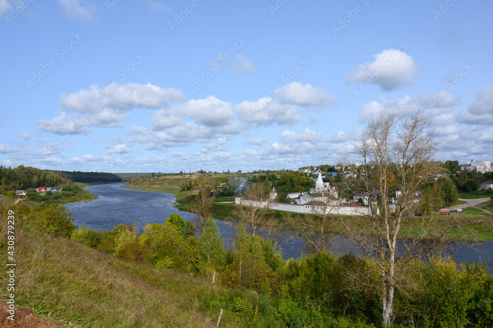 View of the Volga River and the Staritsky Holy Dormition Monastery, Staritsa, Tver region, Russian Federation, September 20, 2020