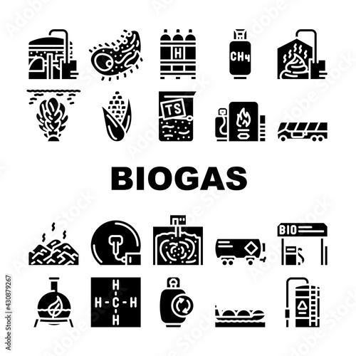 Biogas Energy Fuel Collection Icons Set Vector. Biogas Refueling Station And Cylinder, Corn And Algae Natural Ingredient Of Gas, Methane And Hydrogen Glyph Pictograms Black Illustrations