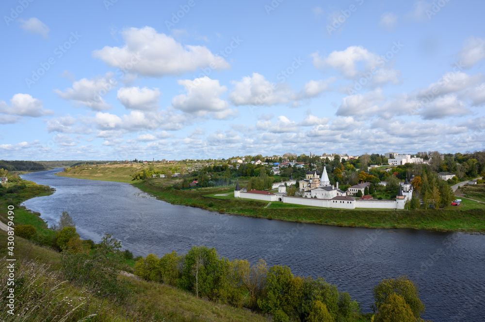 View of the Volga River, the town and the Staritsky Holy Dormition Monastery, Staritsa, Tver region, Russian Federation, September 20, 2020