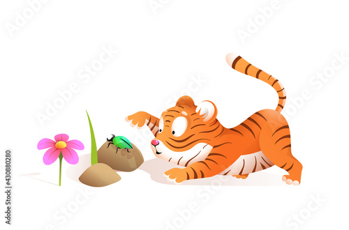 Cute little tiger palying with bug in jungle, funny illustration for children. Kids tiger cub vector cartoon in watercolor style.