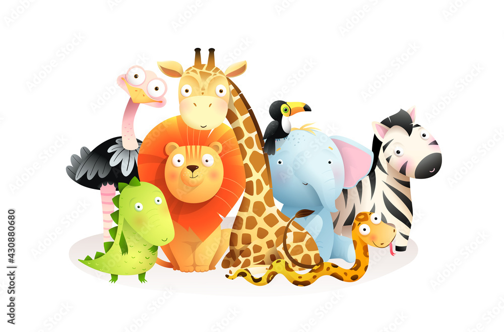 Fototapeta premium Wild exotic african baby animals group isolated on white background. Cute colorful safari animals sitting together, clip art for kids. Vector cartoon in watercolor style.
