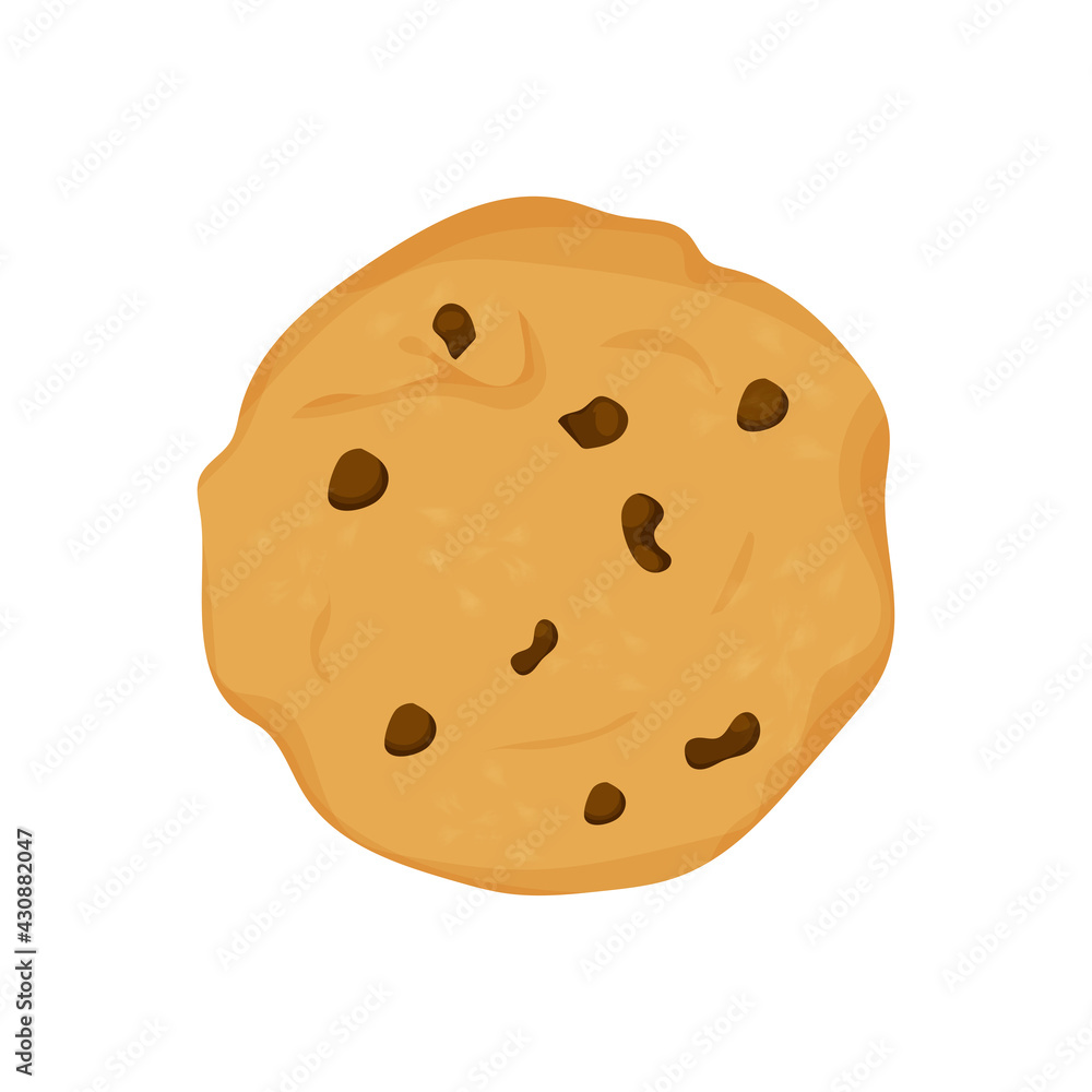 Traditional chocolate chip cookie round isolated on white background in flat style. Element for web designs. Sweet food, dessert. Traditional chocolate chip cookie round isolated on white background in flat style. Element for web designs. Sweet food, dessert.