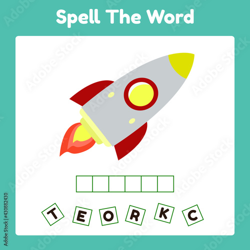 Spelling Word Scramble Game Template Rocket. Perfect for Kids Activity