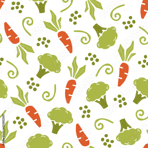 Hand drawn seamless pattern of simple broccoli, carrot. Doodle sketch style. Vegetable pattern for food shop, vegetable wallpaper, background, textile design.