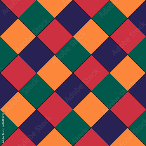 Diamonds, rhombuses seamless pattern. Tiles, squares, checks backdrop. Folk ornament. Ethnic ornate. Geometric image. Tribal wallpaper. Geometrical background. Retro motif. Ethnical textile print.