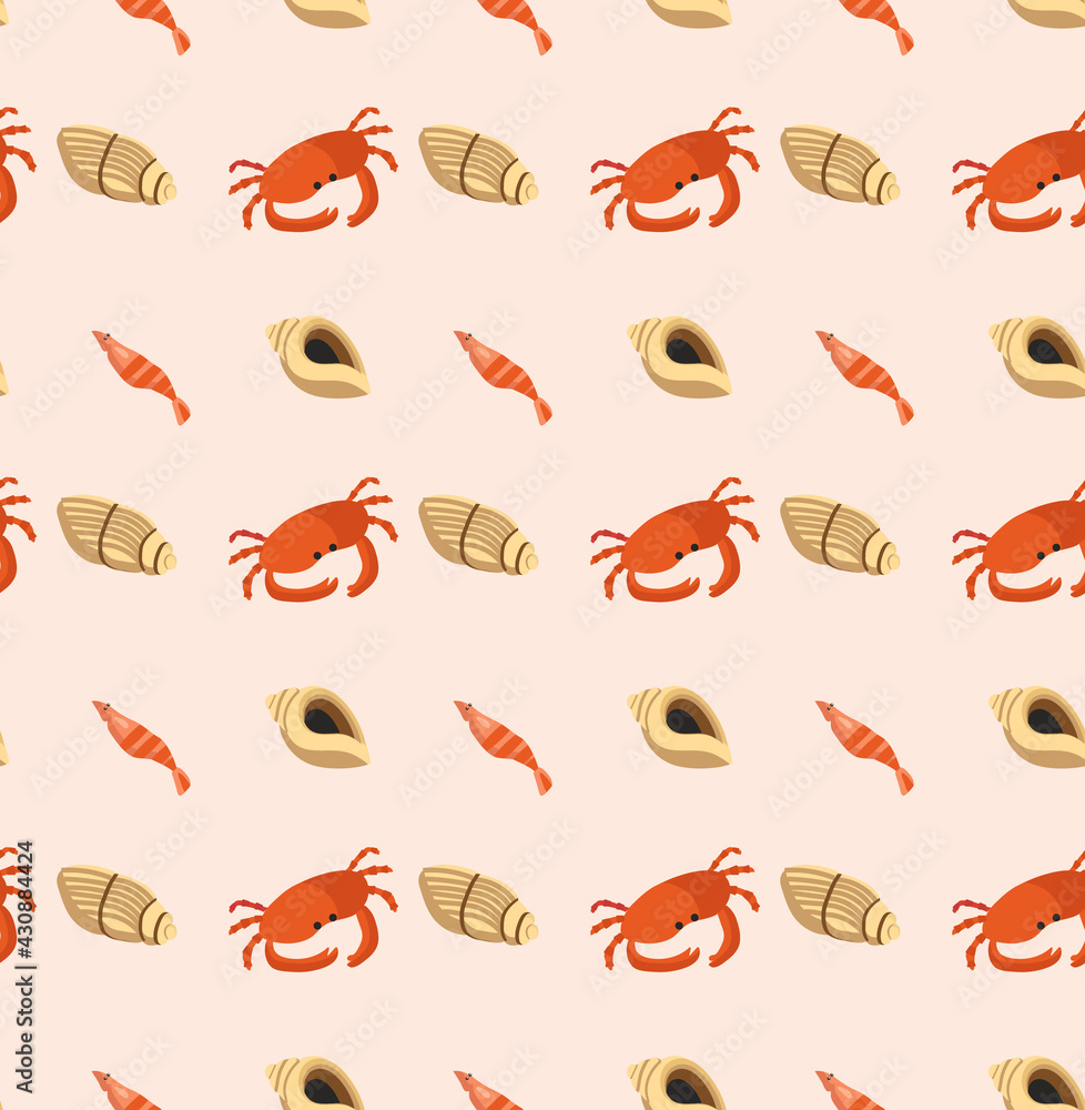 Crab, shrimp and shell pattern on a pale pink background for printing or textiles